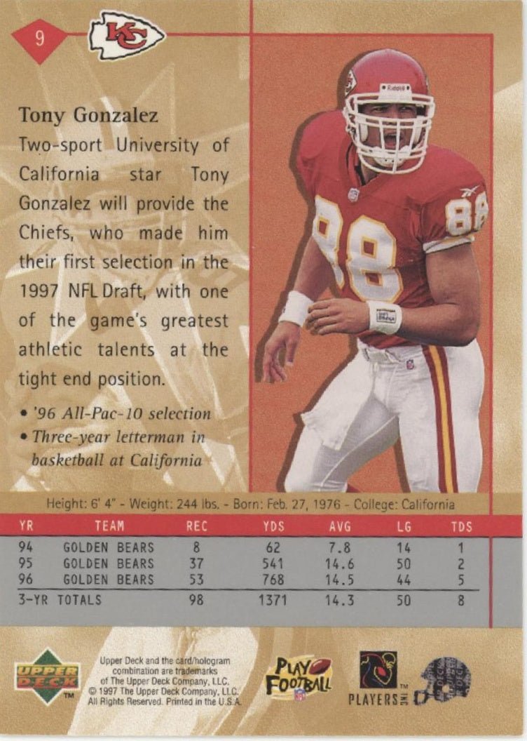 Tony Gonzalez 1997 Upper Deck RC #9 - Collector Store LLC