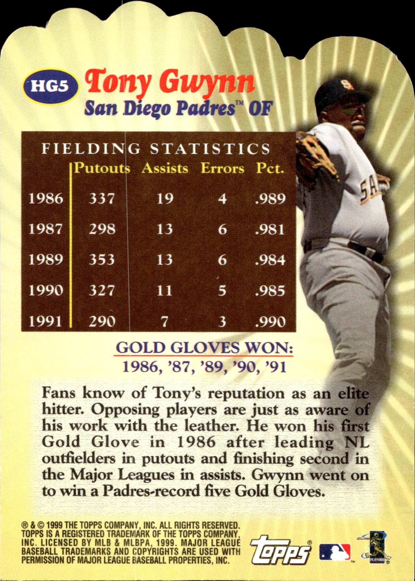 Tony Gwynn 1999 Topps Hands of Gold Die - Cut #HG5 #1 - Collector Store LLC