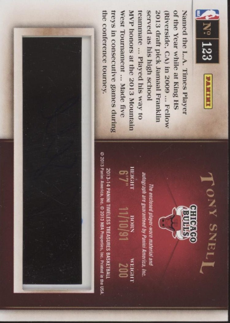 Tony Snell 2013 - 14 Panini Timeless Treasures Swatch RC Auto #123 - Collector Store LLC