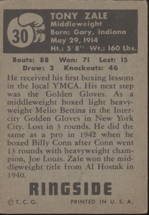 Tony Zale 1951 Topps Ringside #30 VG - Collector Store LLC