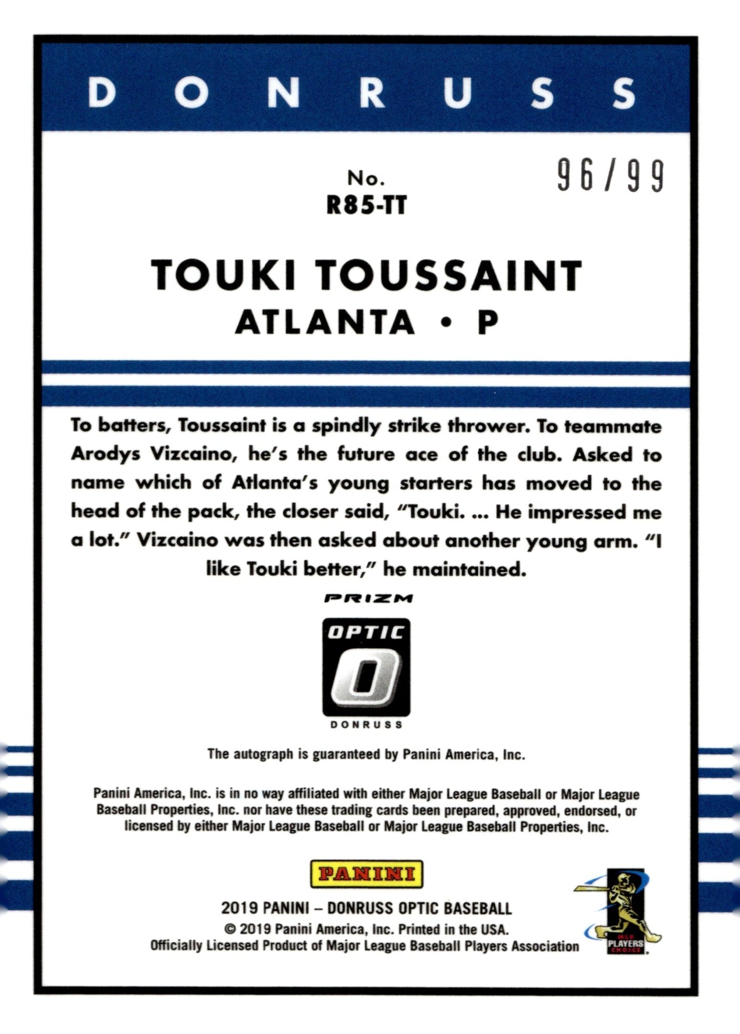 Touki Toussaint 2019 Donruss Optic Rated Rookie Prizm RC Auto 96/99 #R85 - TT - Collector Store LLC