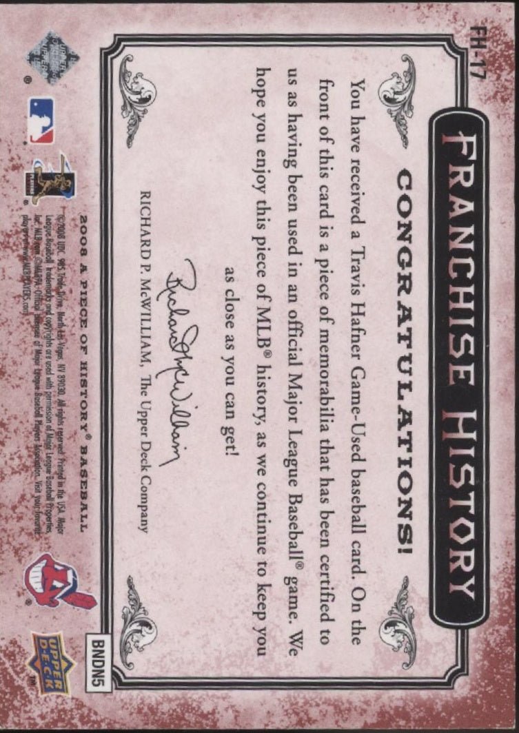 Travis Hafner 2008 Upper Deck A Piece of History Red Swatch FH - 17 - Collector Store LLC