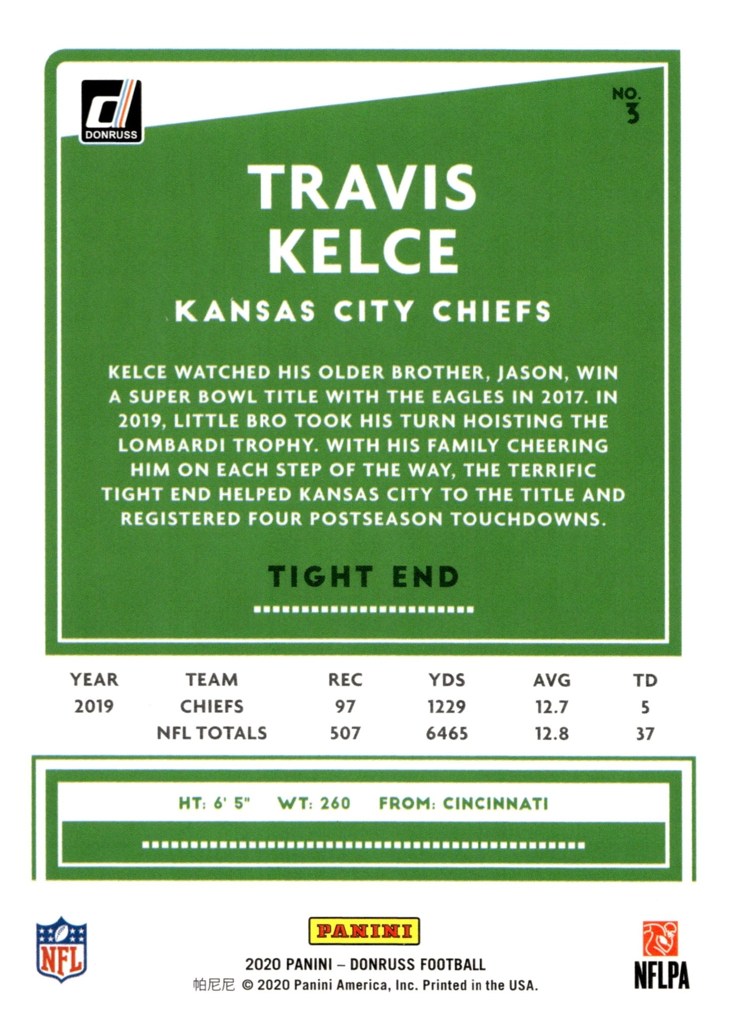 Travis Kelce 2020 Panini Donruss #5 - Collector Store LLC