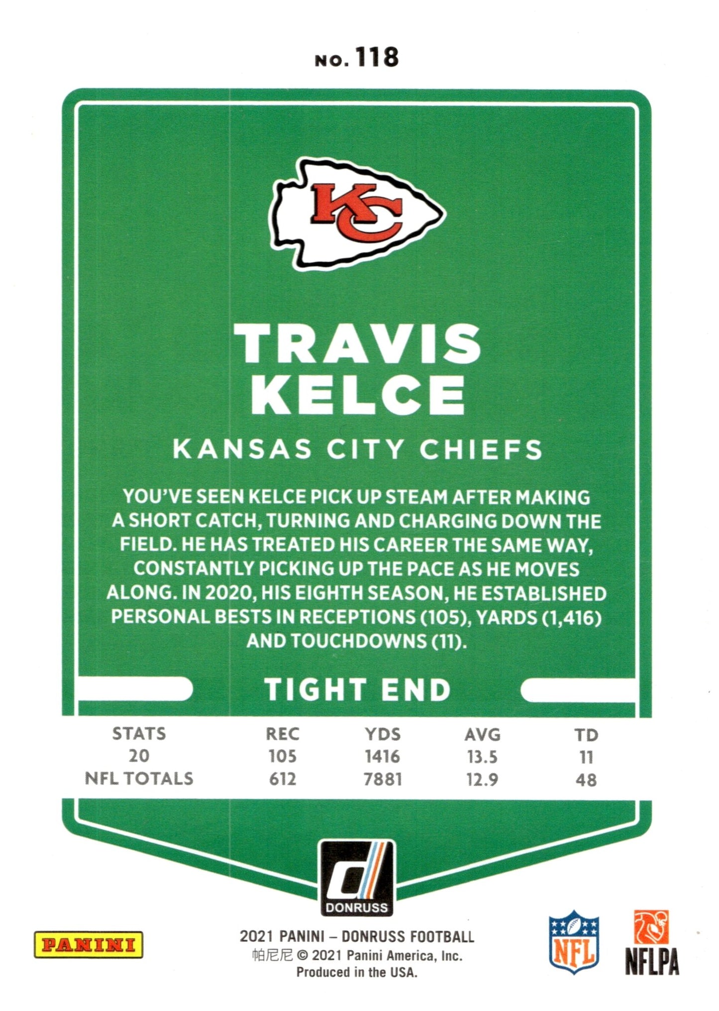 Travis Kelce 2021 Panini Donruss Running #118 - Collector Store LLC