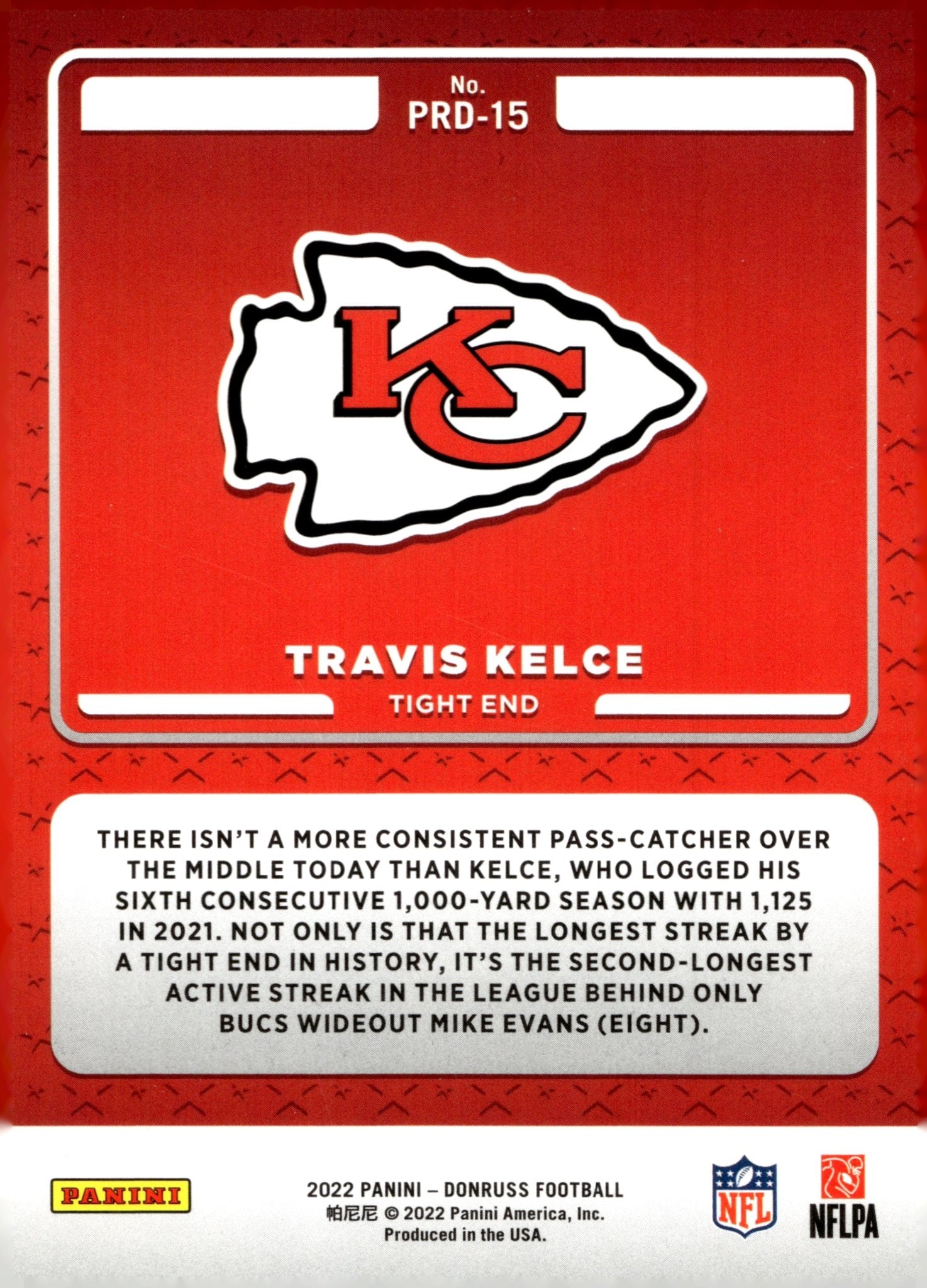 Travis Kelce 2022 Panini Donruss Production Line Receiving Yards 1,125 #PRD - 15 - Collector Store LLC