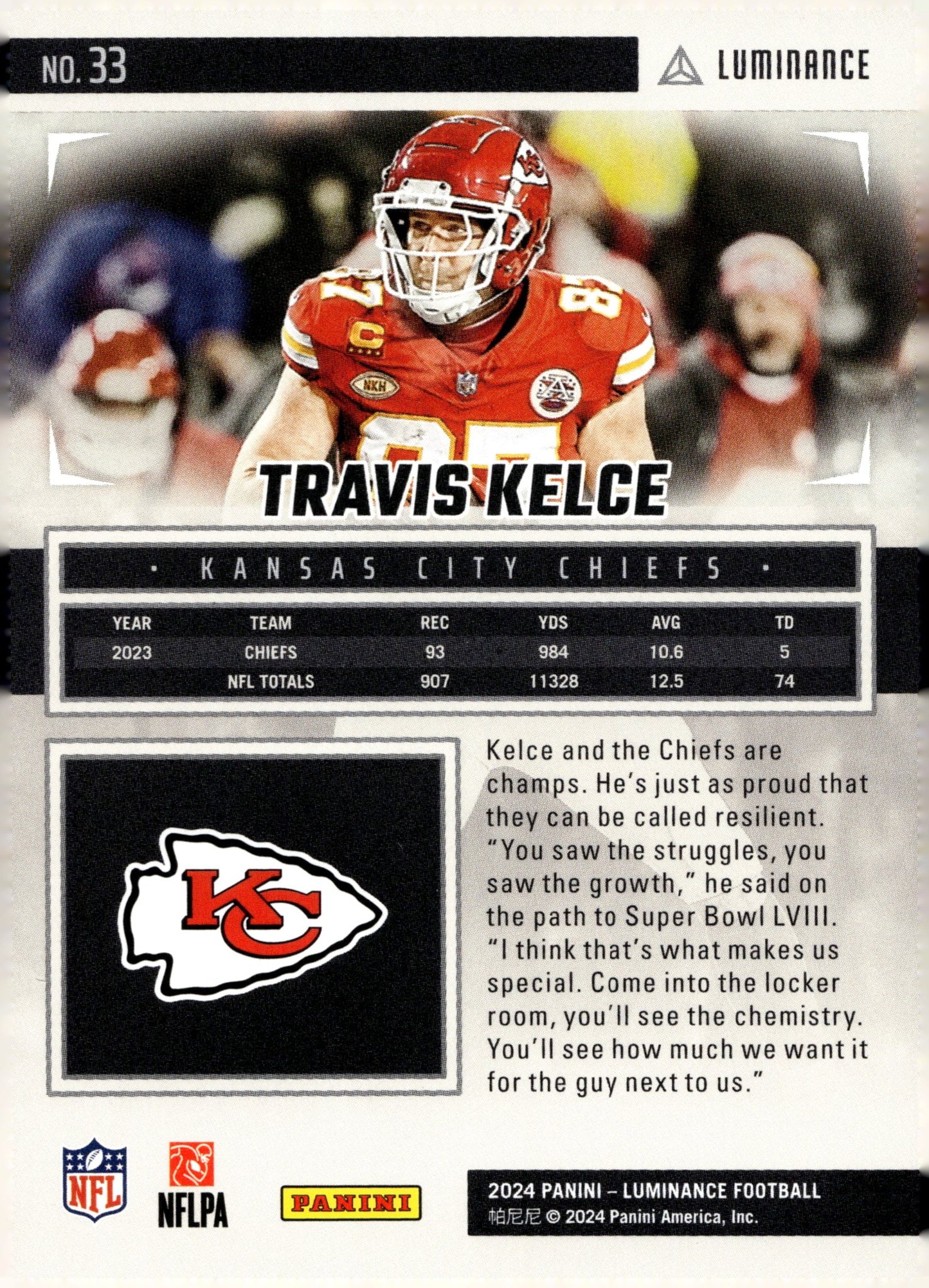 Travis Kelce 2024 Panini Luminance #33 - Collector Store LLC