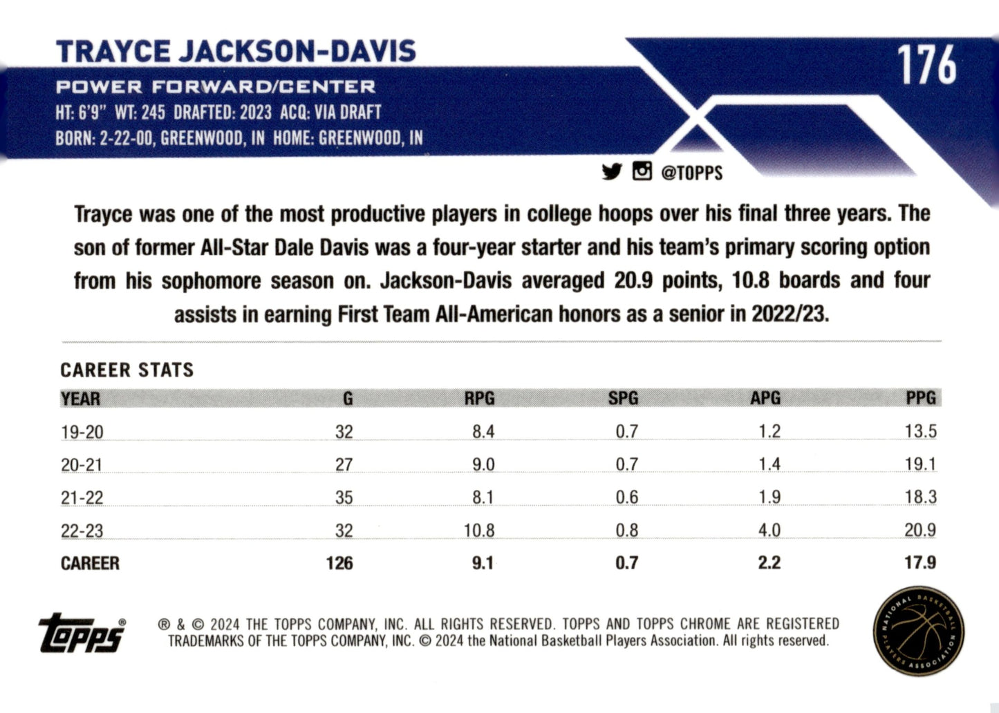 Trayce Jackson - Davis 2024 Topps Chrome Blue Refractor RC #176 - Collector Store LLC