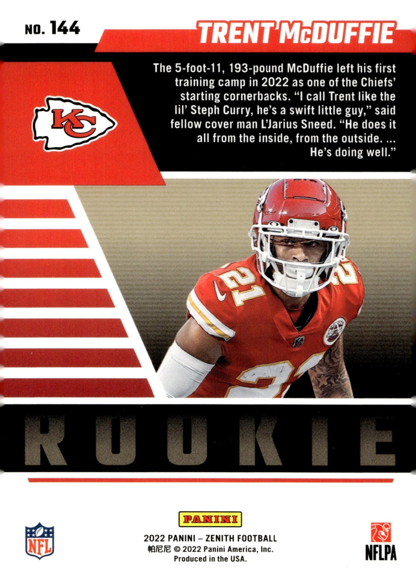 Trent McDuffie 2022 Panini Zenith RC #144 - Collector Store LLC