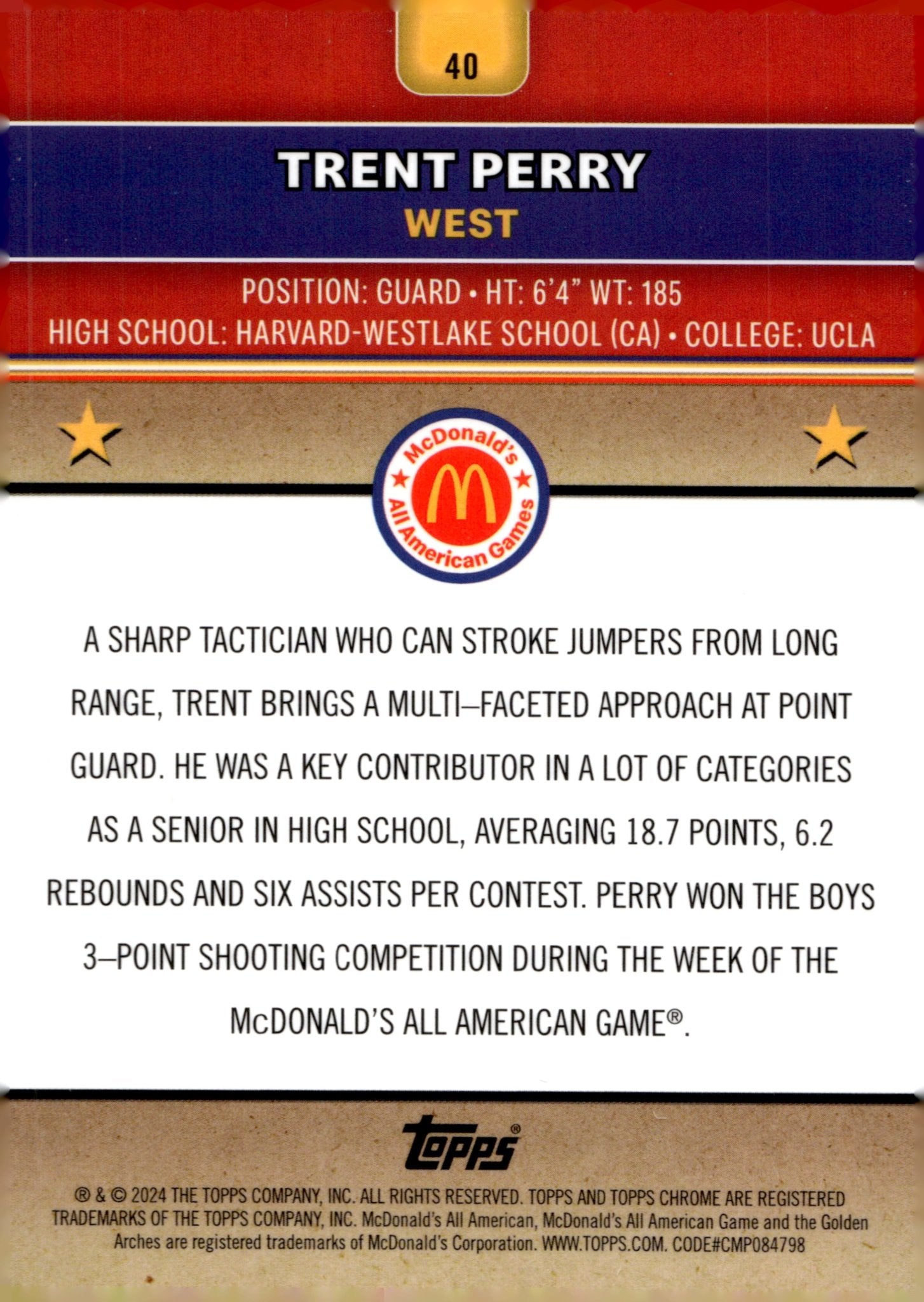 Trent Perry 2024 Topps Chrome McDonald's All American Purple Refractor 138/150 - Collector Store LLC
