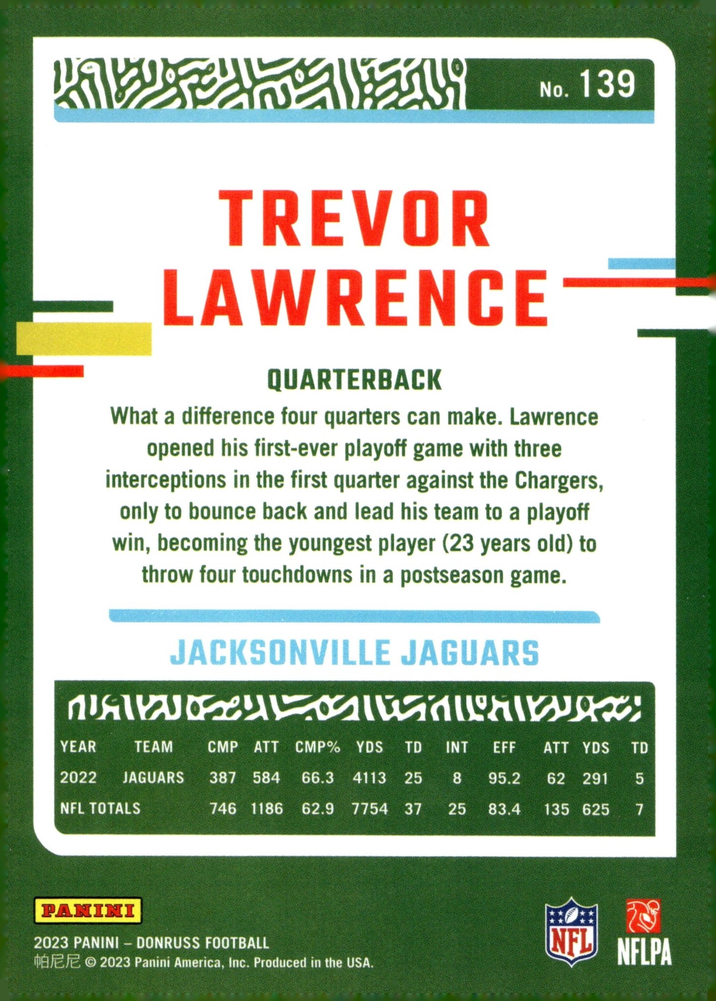 Trevor Lawrence 2023 Panini Donruss Press Proof Blue #139 - Collector Store LLC