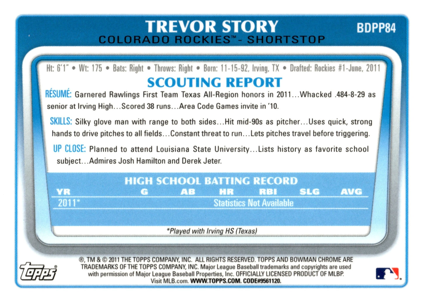 Trevor Story 2011 Bowman Chrome #BDPP84 #1 - Collector Store LLC