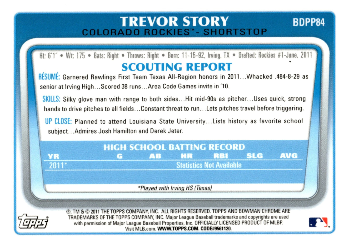 Trevor Story 2011 Bowman Chrome #BDPP84 #2 - Collector Store LLC