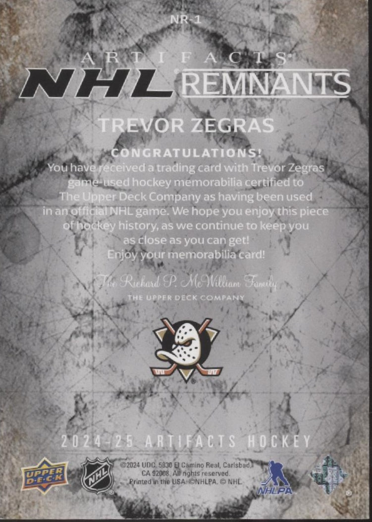 Trevor Zegras 2024 - 25 Upper Deck Artifacts Remnants Swatch NR - 1 - Collector Store LLC