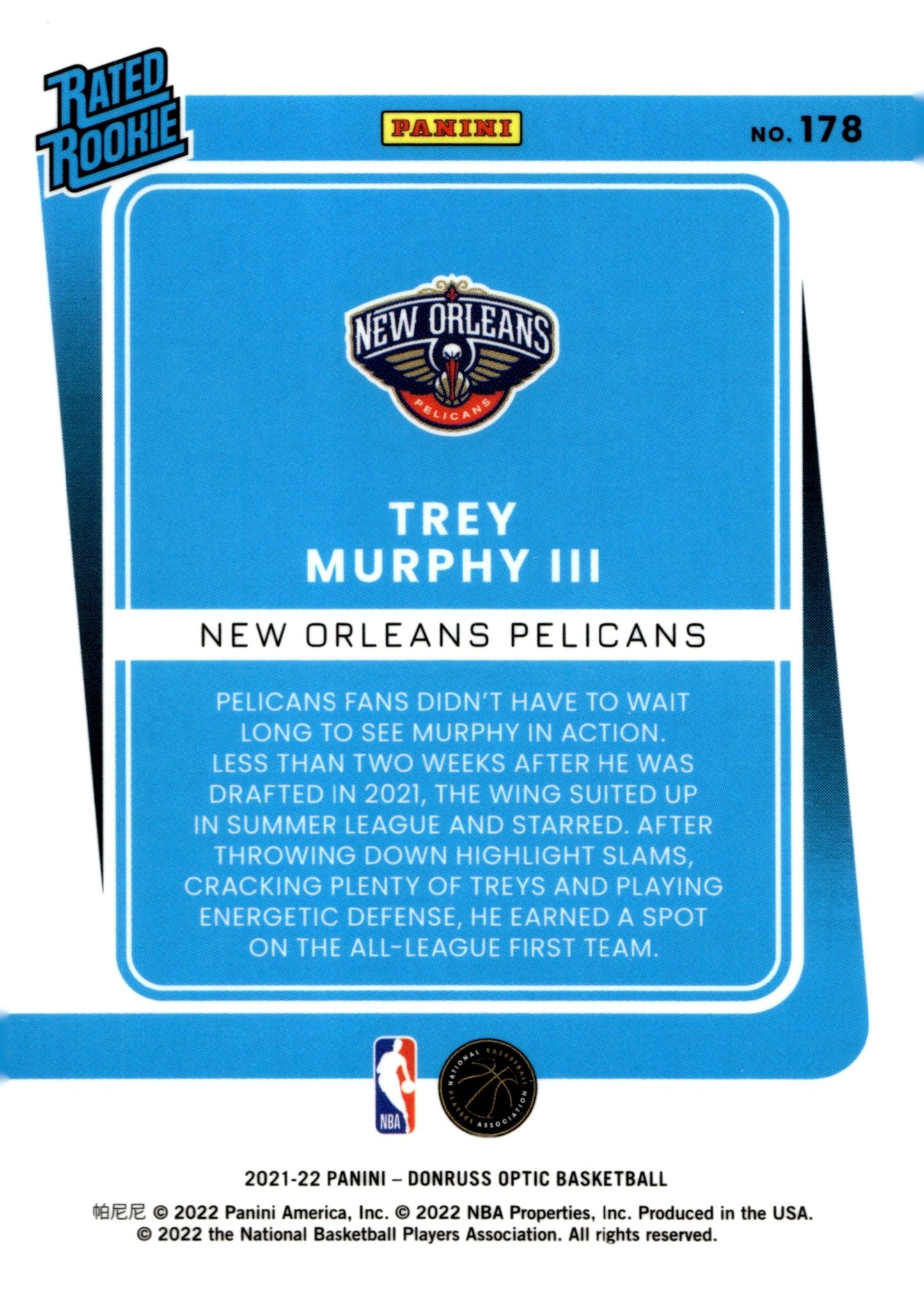 Trey Murphy III 2021 - 22 Panini Donruss Optic Rated Rookie RC #178 - Collector Store LLC
