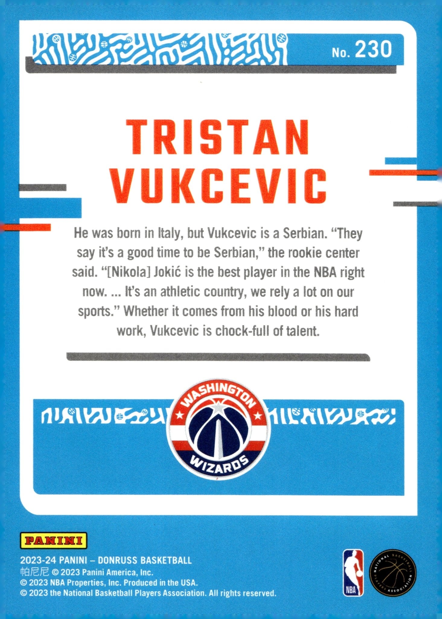 Tristan Vukcevic 2023 - 24 Panini Donruss Rated Rookie Green Laser RC #230 - Collector Store LLC