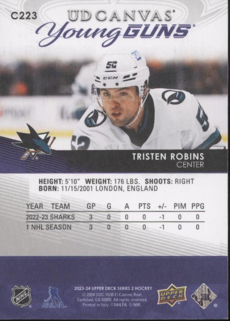 Tristen Robins 2023 - 24 Upper Deck Series 2 Canvas Young Guns RC C223 - Collector Store LLC