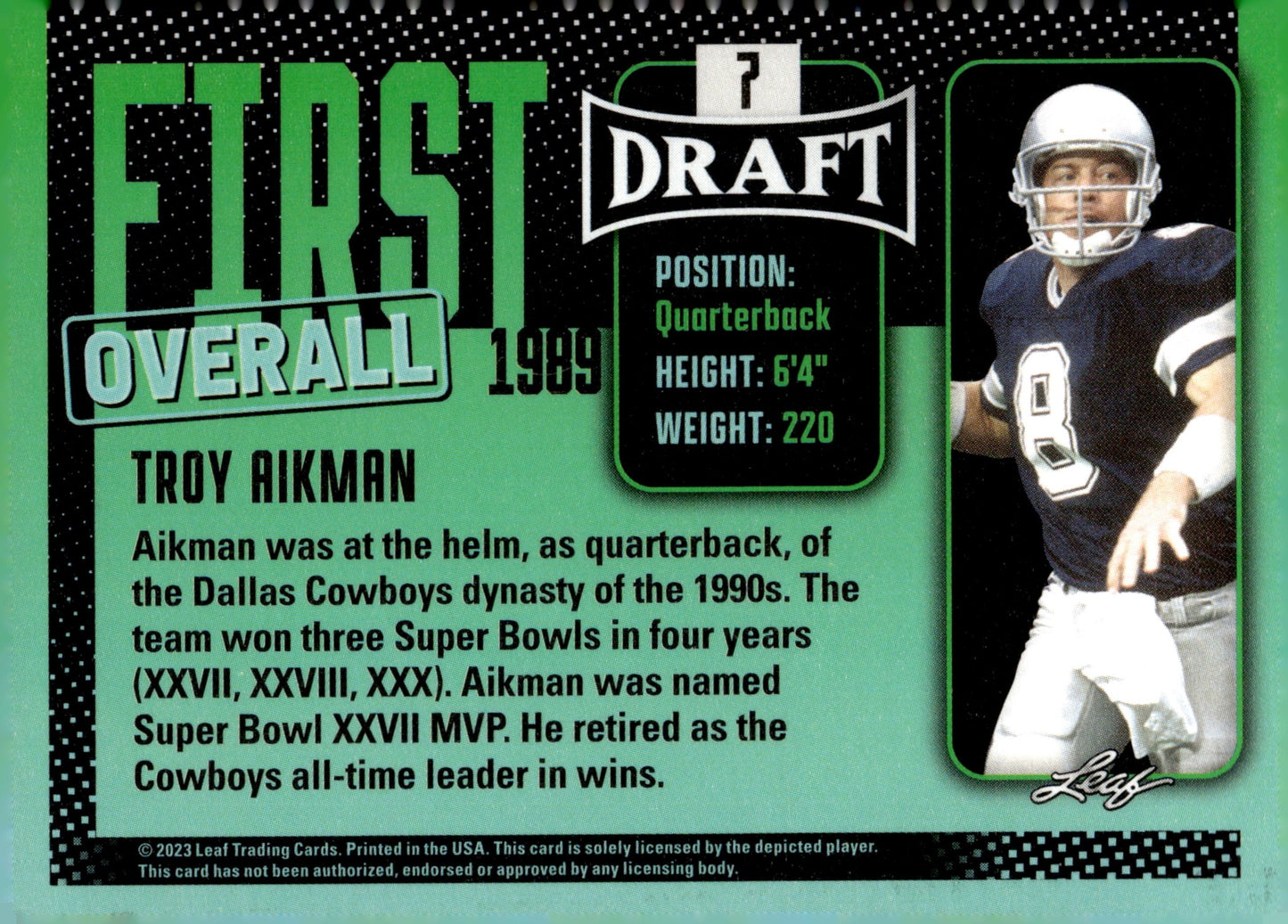 Troy Aikman 2023 Leaf Draft First Overall #7 - Collector Store LLC