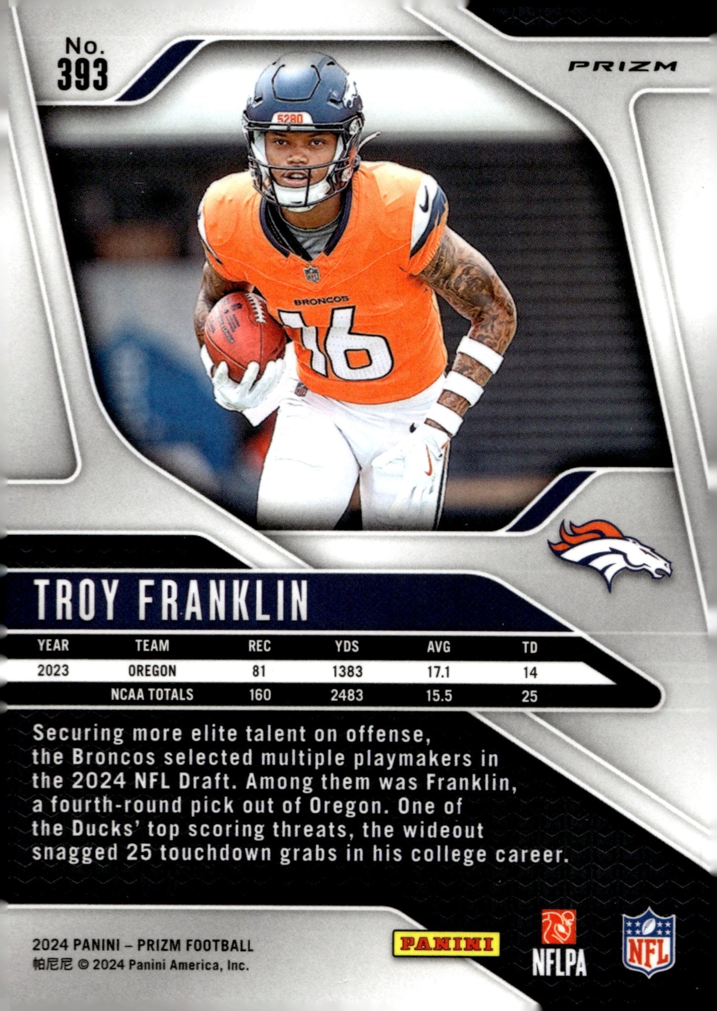 Troy Franklin 2024 Panini Prizm Green Prizm RC #393 - Collector Store LLC