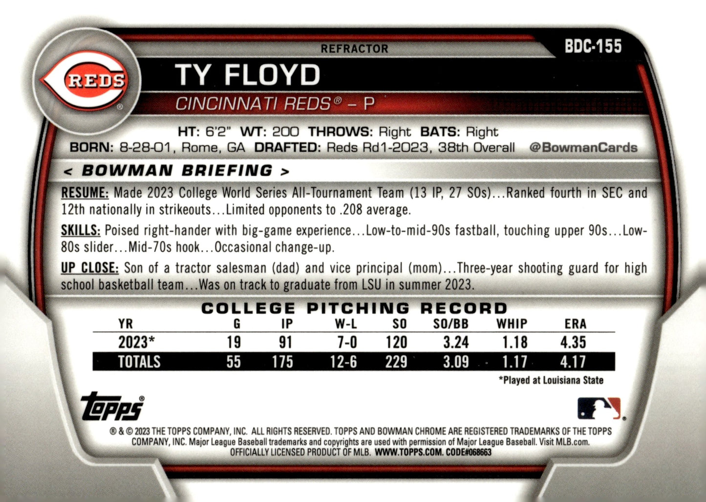 Ty Floyd 2023 Bowman Chrome Refractor #BDC - 155 - Collector Store LLC