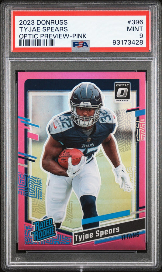 Tyjae Spears 2023 Panini Donruss Optic Preview Rated Rookie Pink Prizm RC PSA 9 - Collector Store LLC