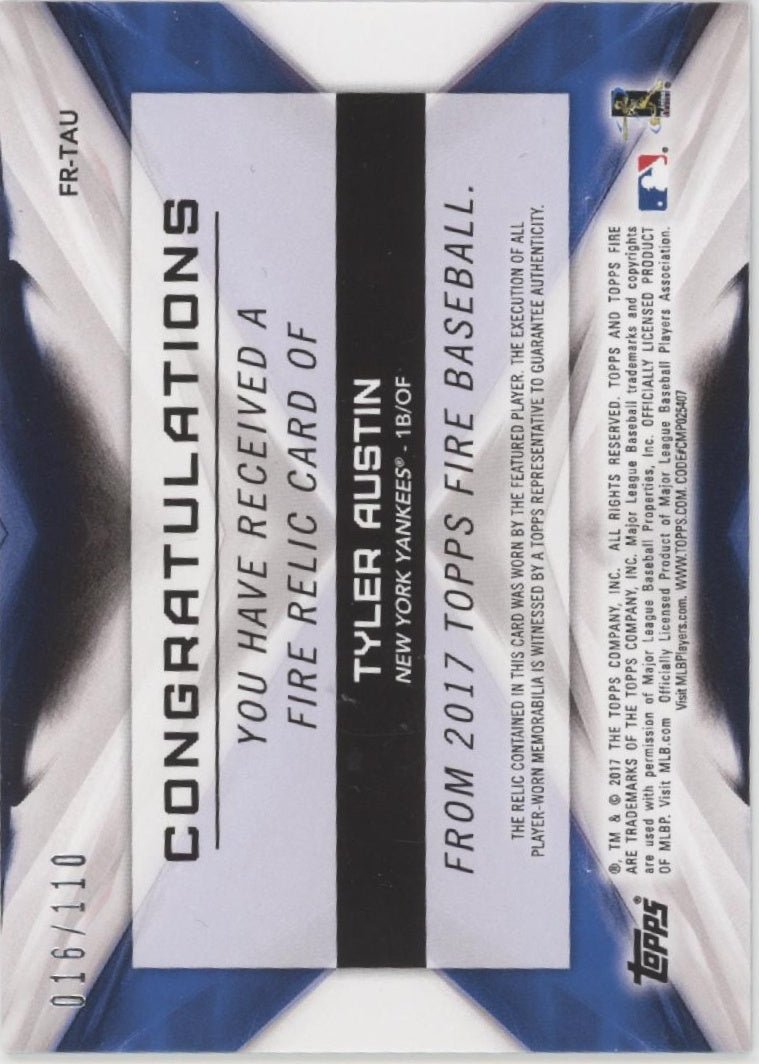 Tyler Austin 2017 Topps Fire Swatch RC 016/110 #FR - TAU - Collector Store LLC