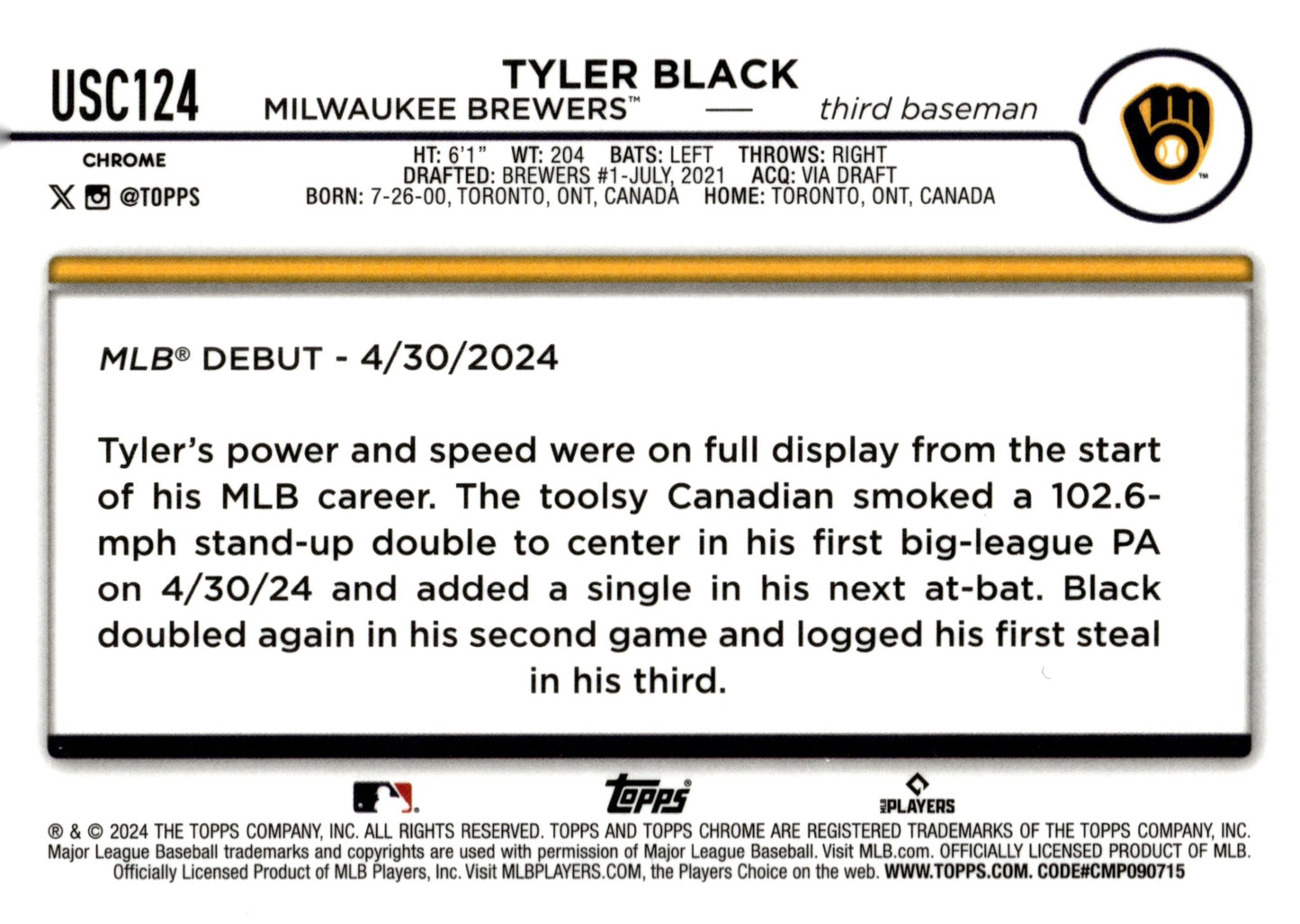 Tyler Black 2024 Topps Chrome RC #USC124 - Collector Store LLC