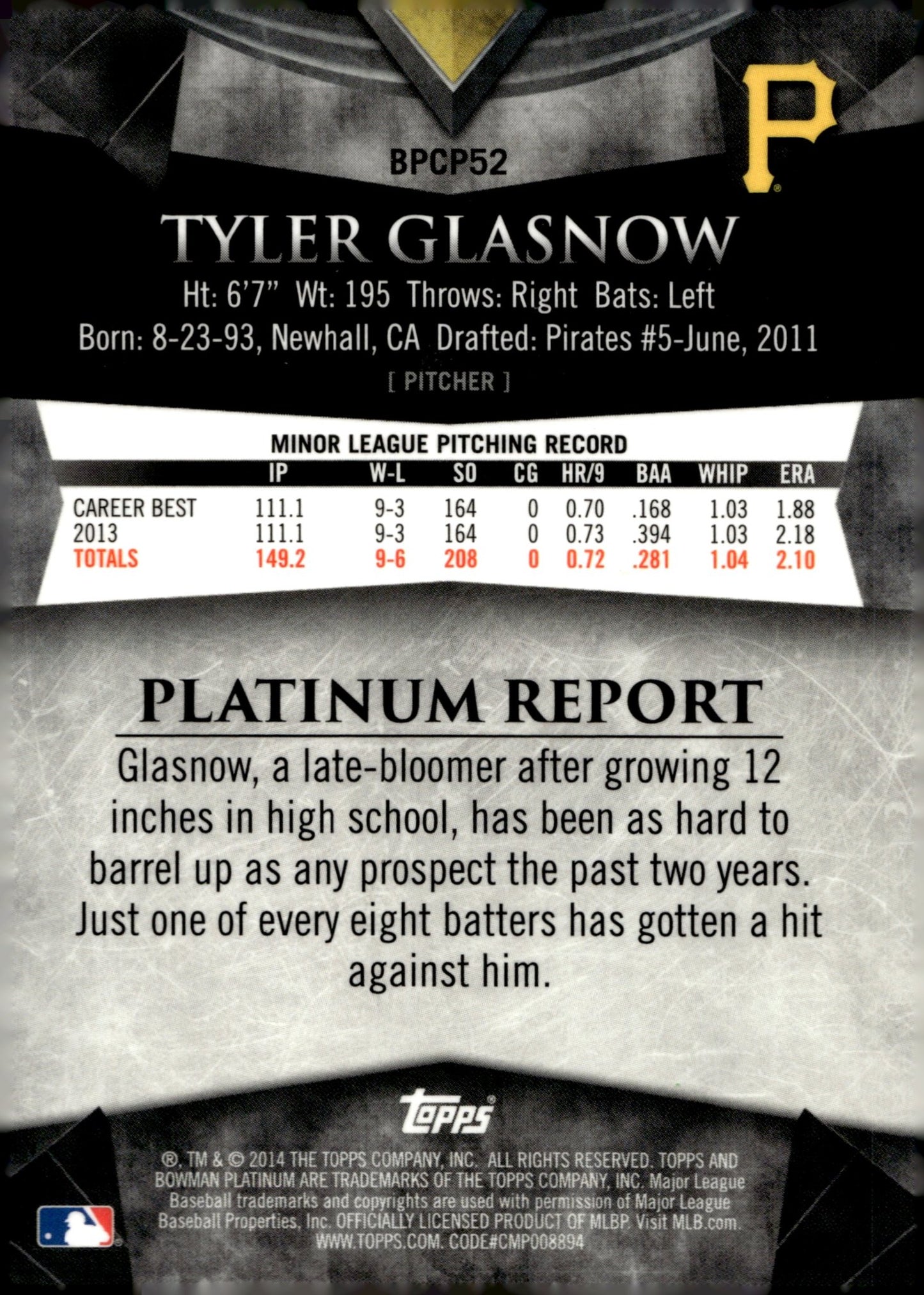 Tyler Glasnow 2014 Bowman Platinum Purple Refractor #BPCP52 - Collector Store LLC
