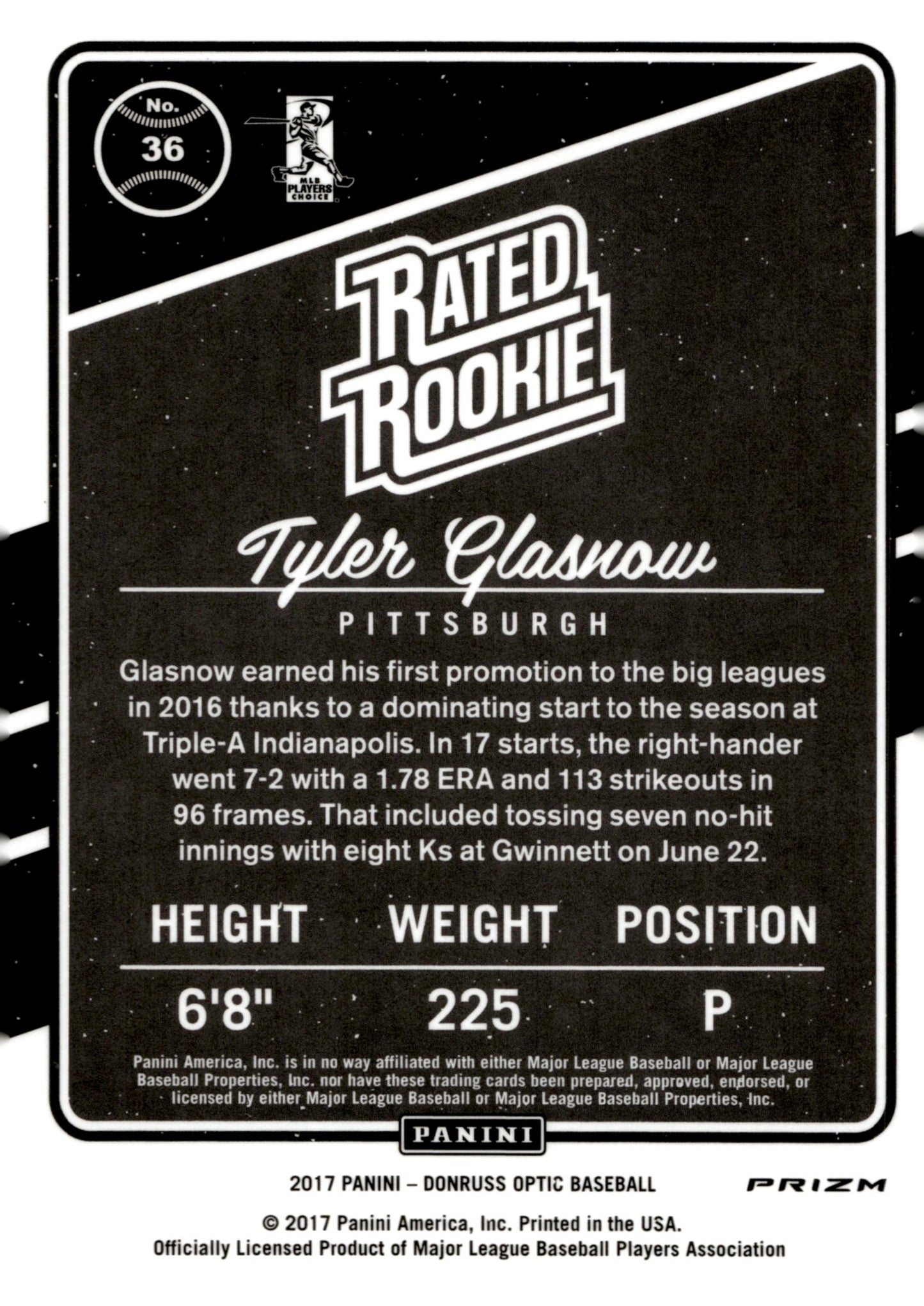 Tyler Glasnow 2017 Panini Donruss Optic Rated Rookie Prizm #36 - Collector Store LLC