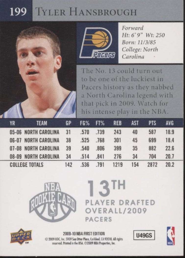 Tyler Hansbrough 2009 - 10 Upper Deck First Edition RC #199 - Collector Store LLC