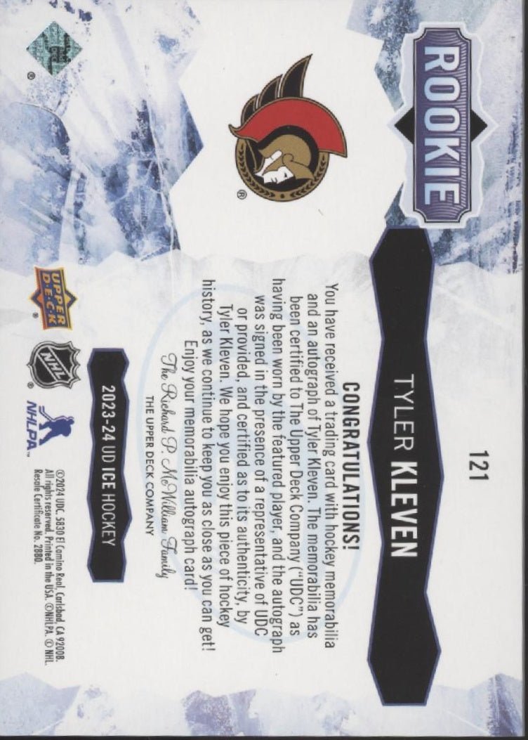 Tyler Kleven 2023 - 24 Upper Deck Ice Rookie Swatch RC Auto 82/99 121 - Collector Store LLC