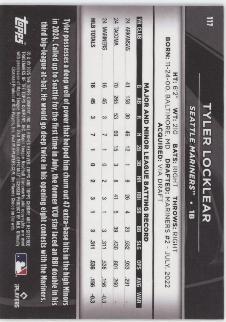 Tyler Locklear 2025 Topps Chrome Black Refractor RC 12/15 117 - Collector Store LLC
