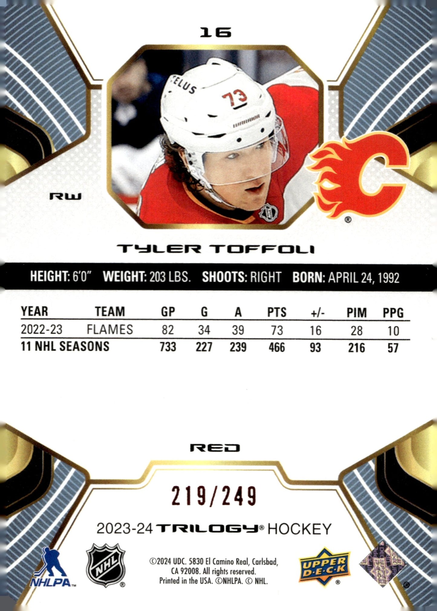 Tyler Toffoli 2023 - 24 Upper Deck Trilogy Red 219/249 #16 - Collector Store LLC
