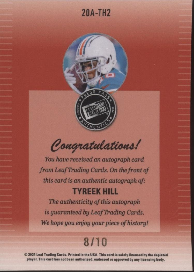 Tyreek Hill 2024 Leaf Press Pass Auto 8/10 #20A - TH2 - Collector Store LLC