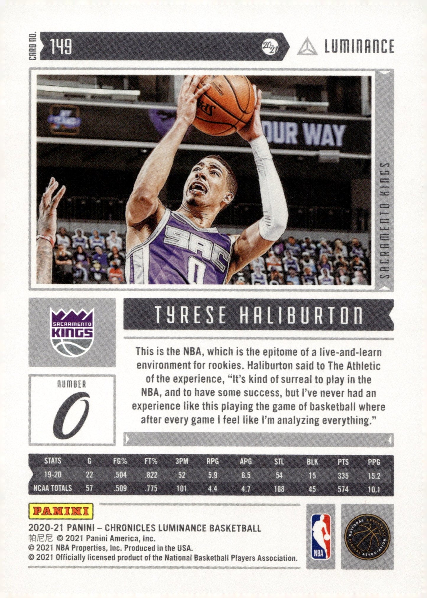 Tyrese Haliburton 2020 - 21 Panini Chronicles Luminance RC #149 - Collector Store LLC