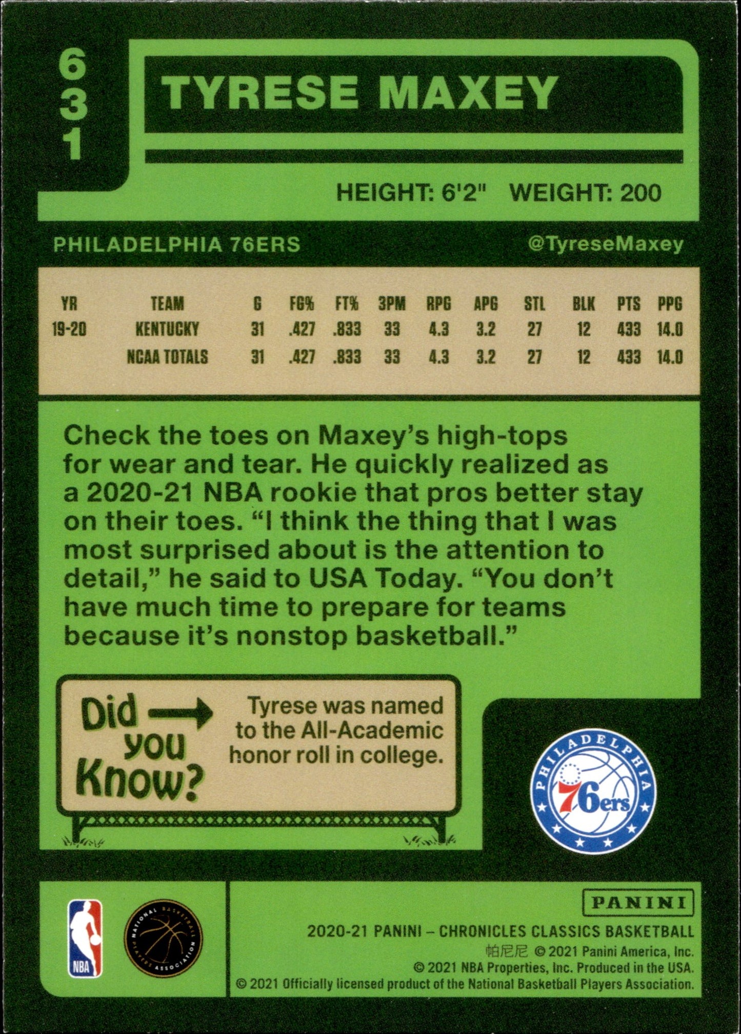 Tyrese Maxey 2020 - 21 Panini Chronicles Classics RC #631 #2 - Collector Store LLC