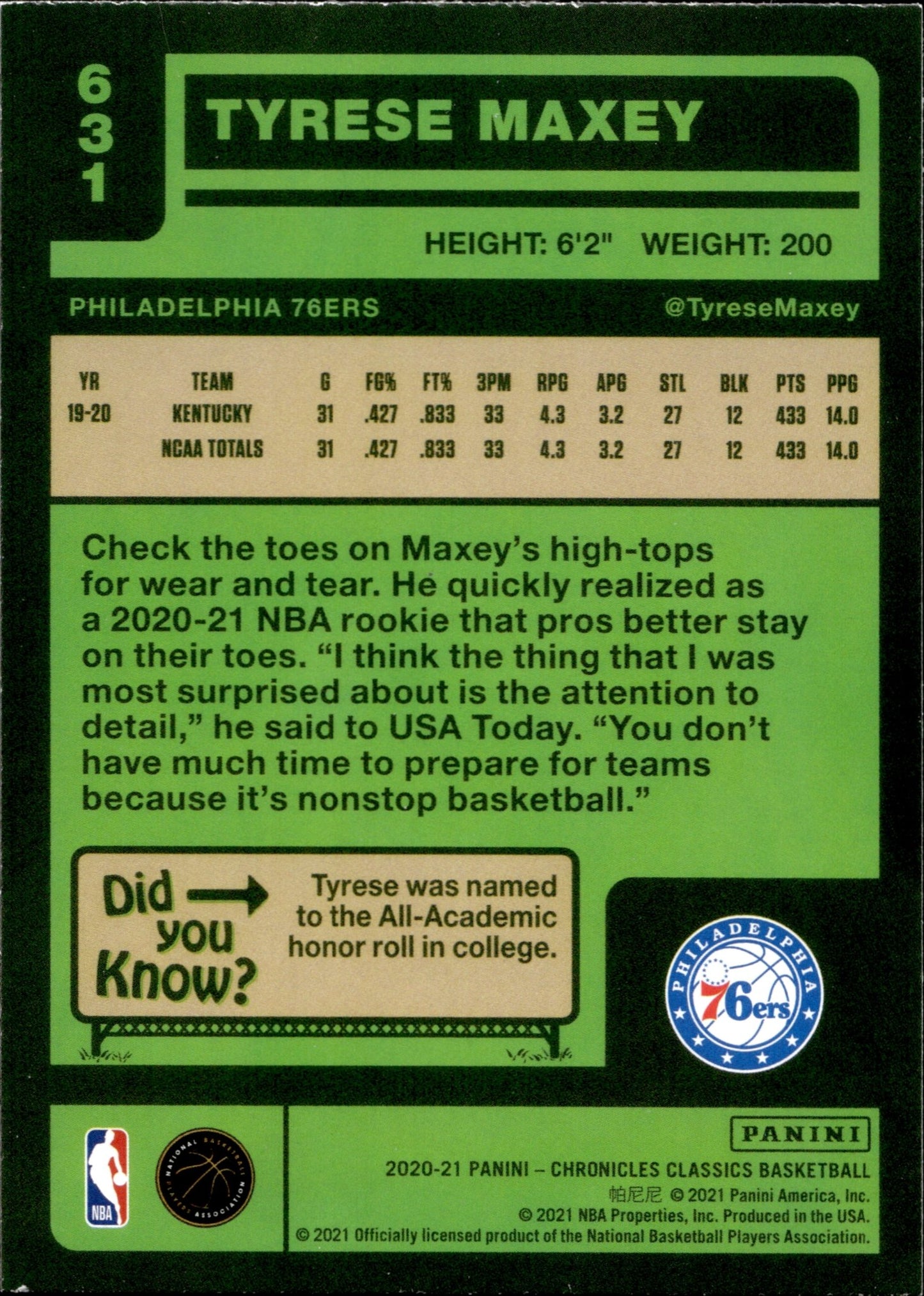 Tyrese Maxey 2020 - 21 Panini Chronicles Classics RC #631 #3 - Collector Store LLC