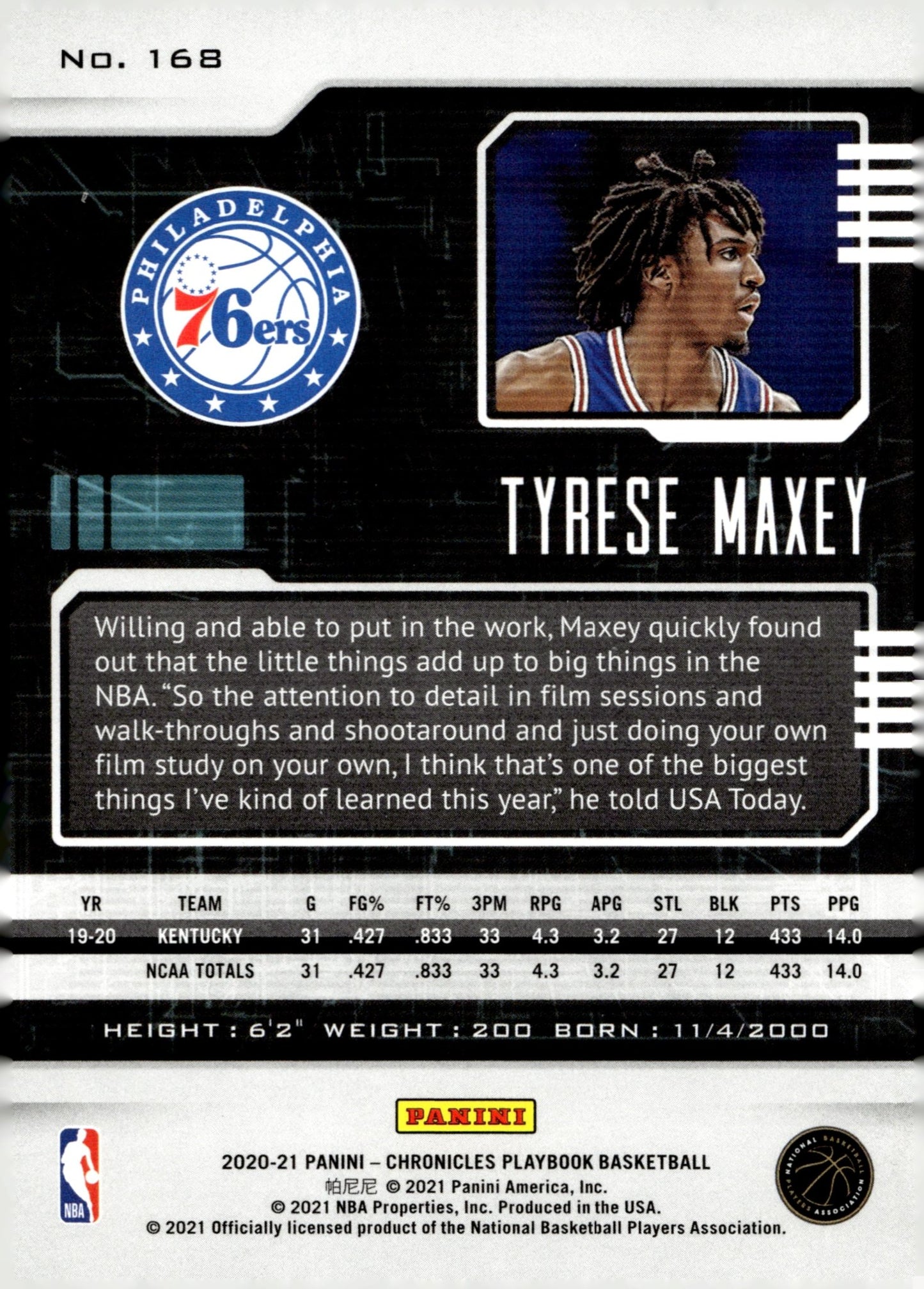 Tyrese Maxey 2020 - 21 Panini Chronicles Playbook RC #168 #1 - Collector Store LLC