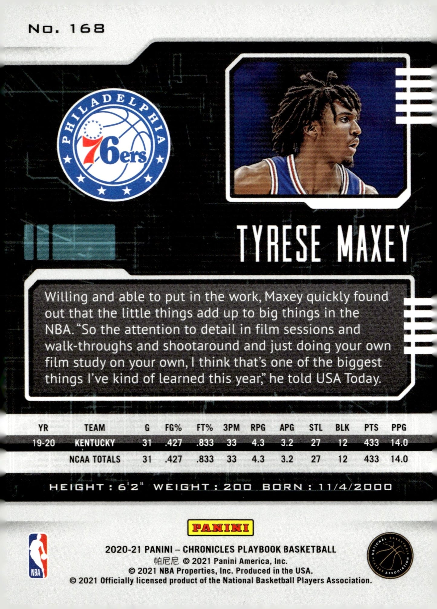 Tyrese Maxey 2020 - 21 Panini Chronicles Playbook RC #168 #2 - Collector Store LLC