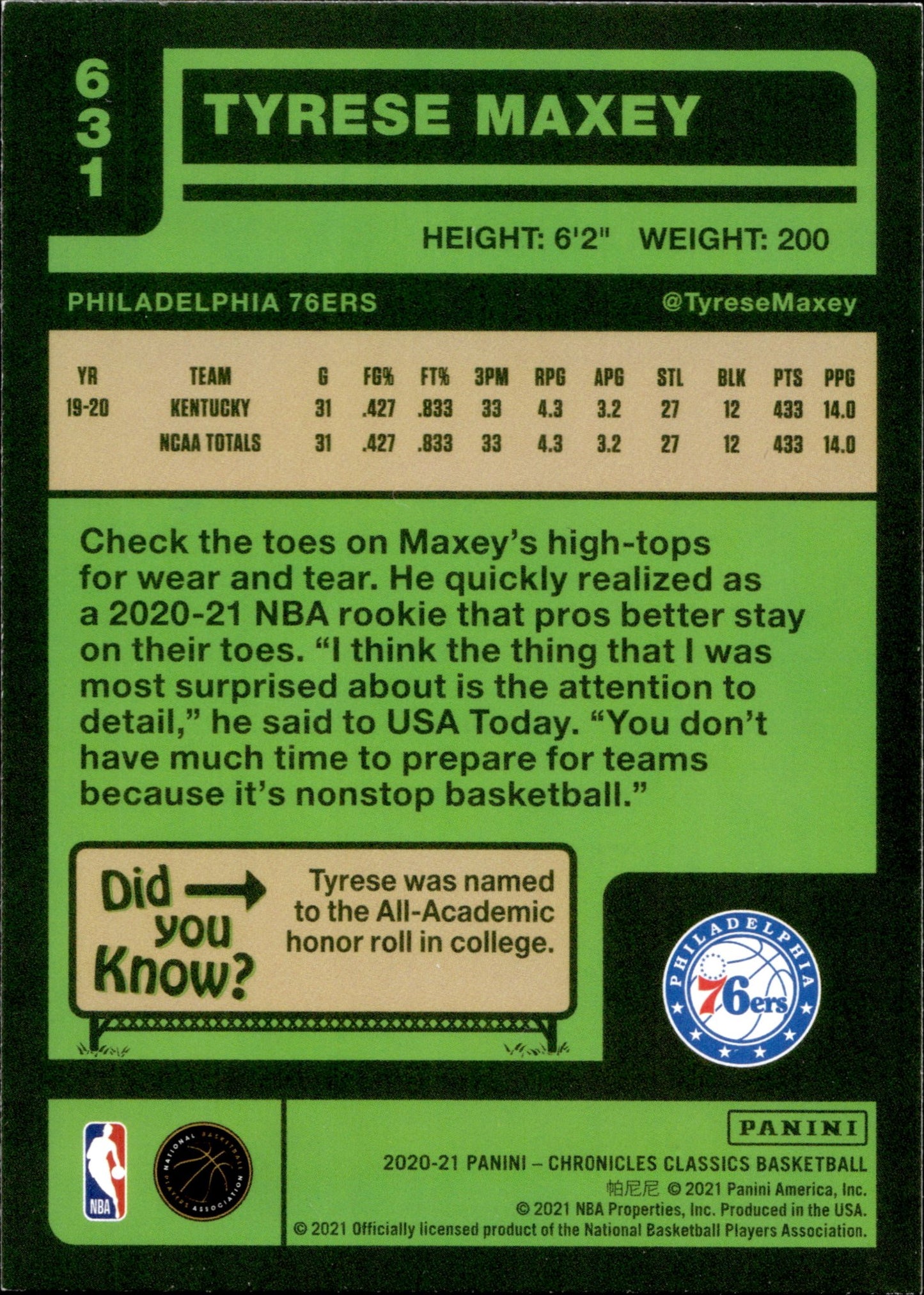 Tyrese Maxey 2020 - 21 Panini Chronicles RC #631 #3 - Collector Store LLC
