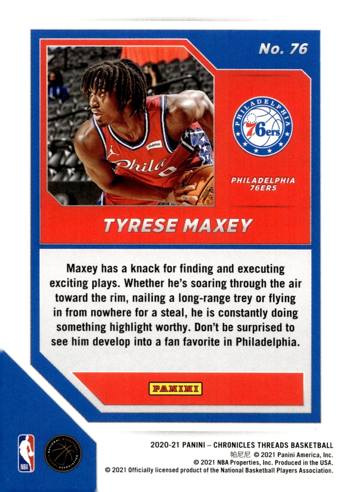 Tyrese Maxey 2020 - 21 Panini Chronicles Threads RC #76 #1 - Collector Store LLC