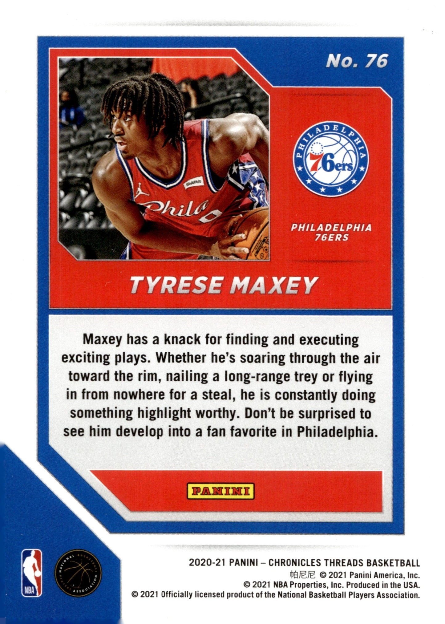 Tyrese Maxey 2020 - 21 Panini Chronicles Threads RC #76 #2 - Collector Store LLC