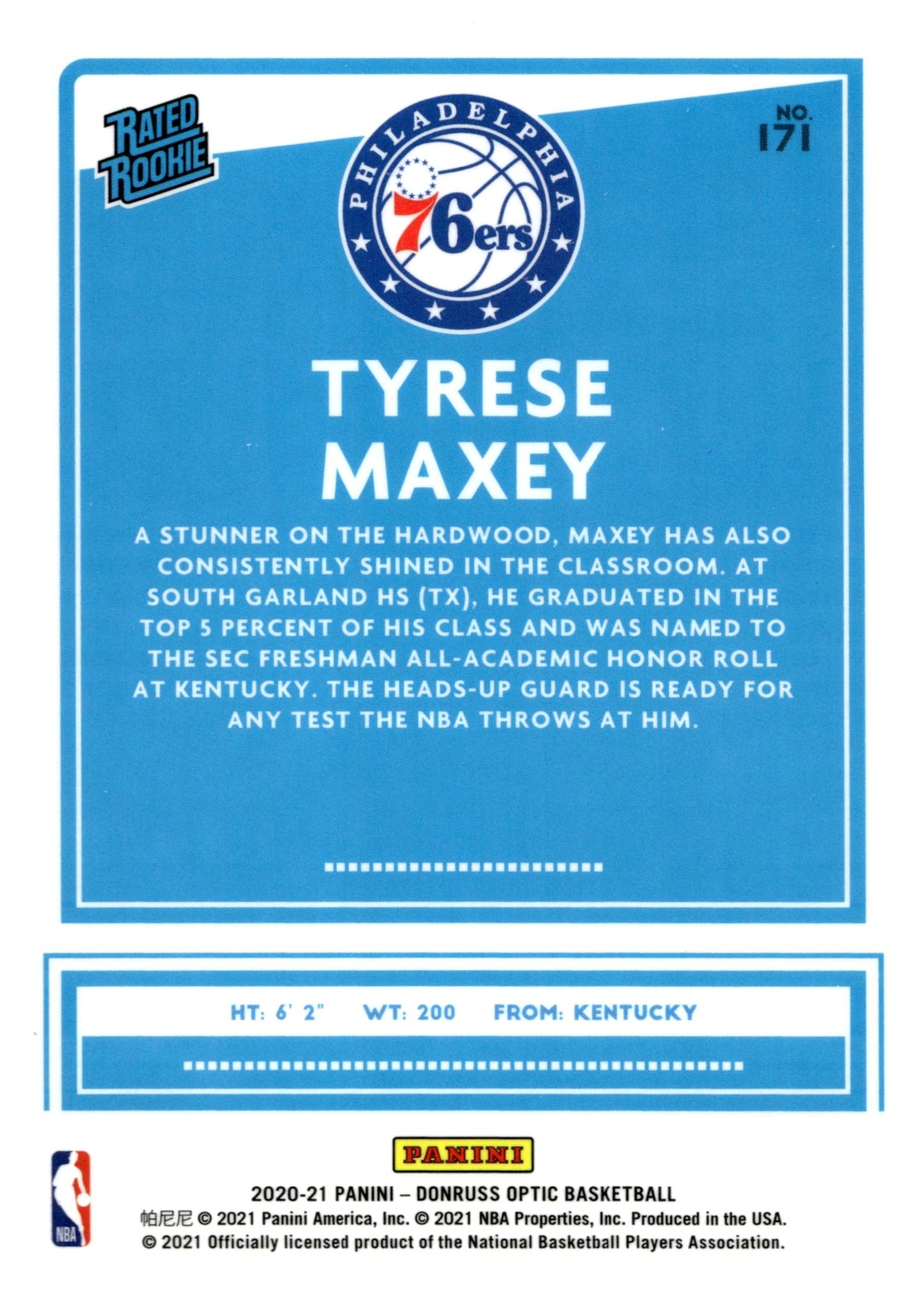 Tyrese Maxey 2020 - 21 Panini Donruss Optic Rated Rookie RC #171 #4 - Collector Store LLC