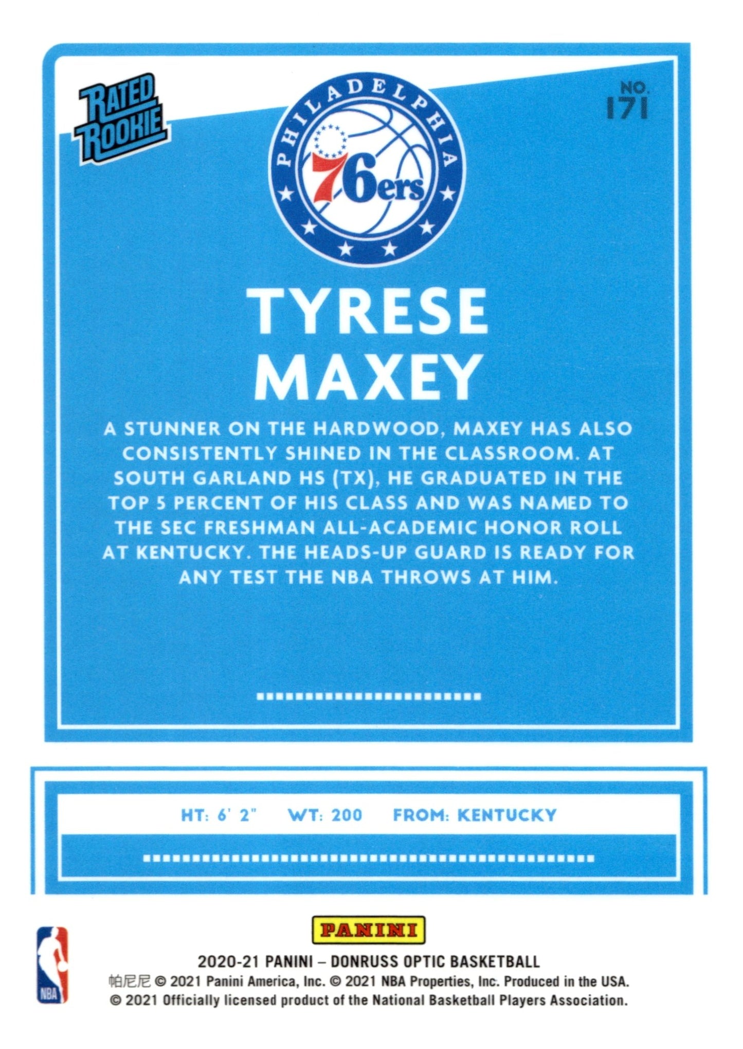 Tyrese Maxey 2020 - 21 Panini Donruss Optic Rated Rookie RC #171 #5 - Collector Store LLC