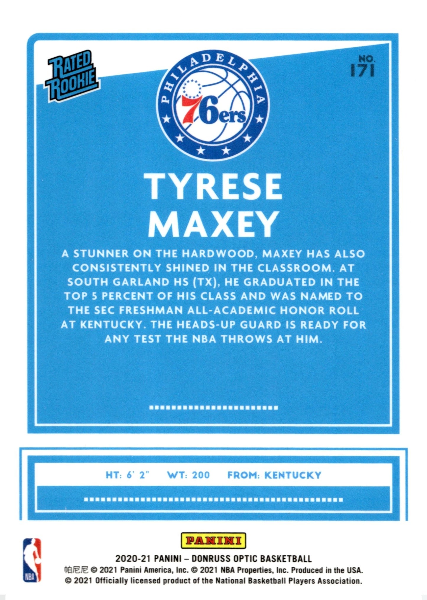 Tyrese Maxey 2020 - 21 Panini Donruss Optic Rated Rookie RC #171 #6 - Collector Store LLC