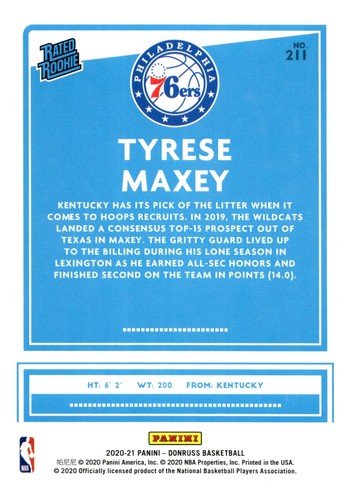 Tyrese Maxey 2020 - 21 Panini Donruss Rated Rookie RC #211 - Collector Store LLC