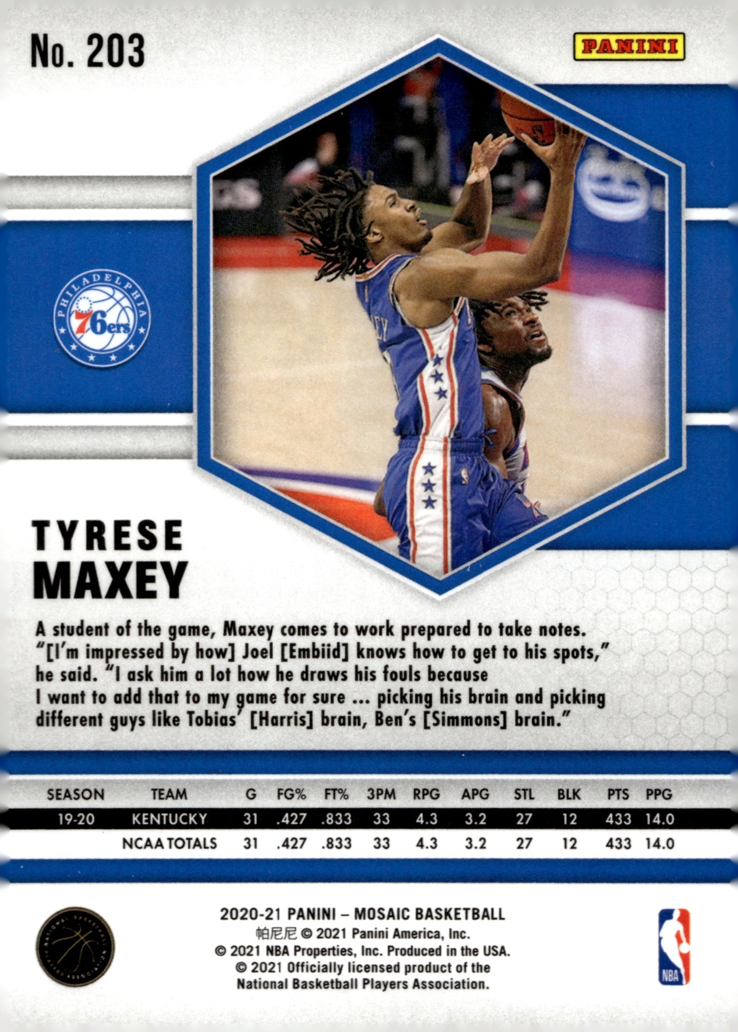 Tyrese Maxey 2020 - 21 Panini Mosaic RC #203 - Collector Store LLC