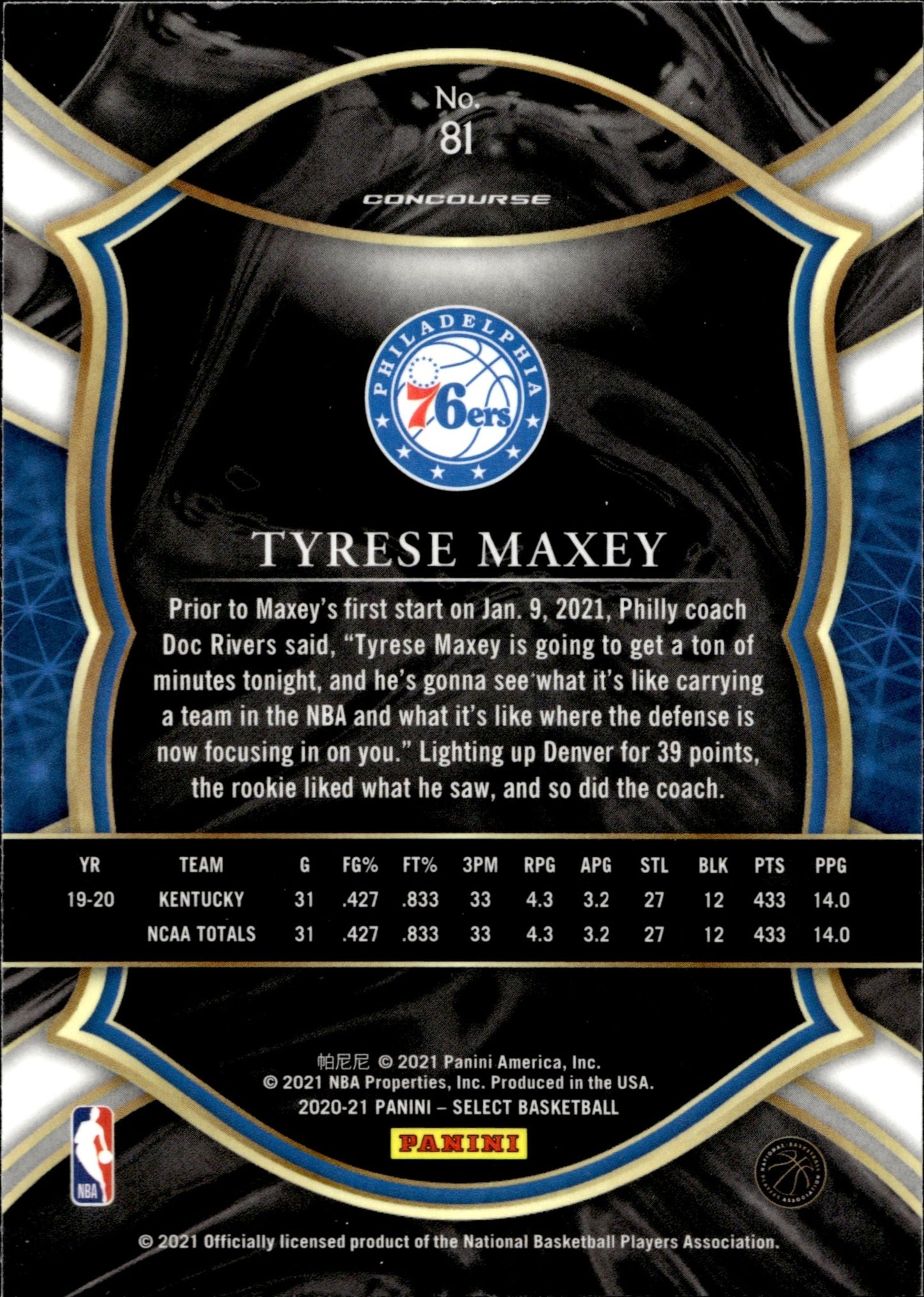 Tyrese Maxey 2020 - 21 Panini Select Blue RC #81 #2 - Collector Store LLC