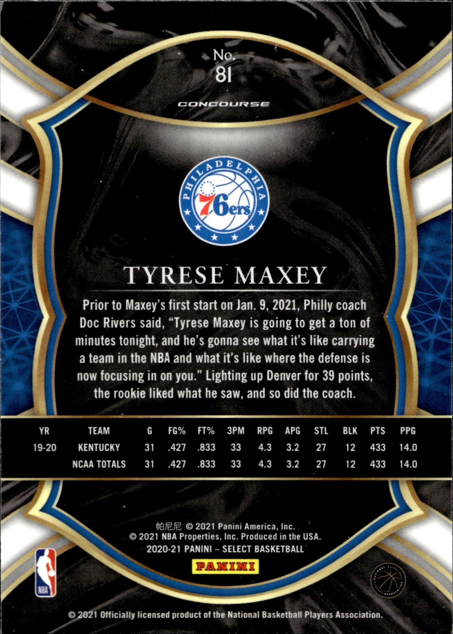 Tyrese Maxey 2020 - 21 Panini Select Blue RC #81 #4 - Collector Store LLC