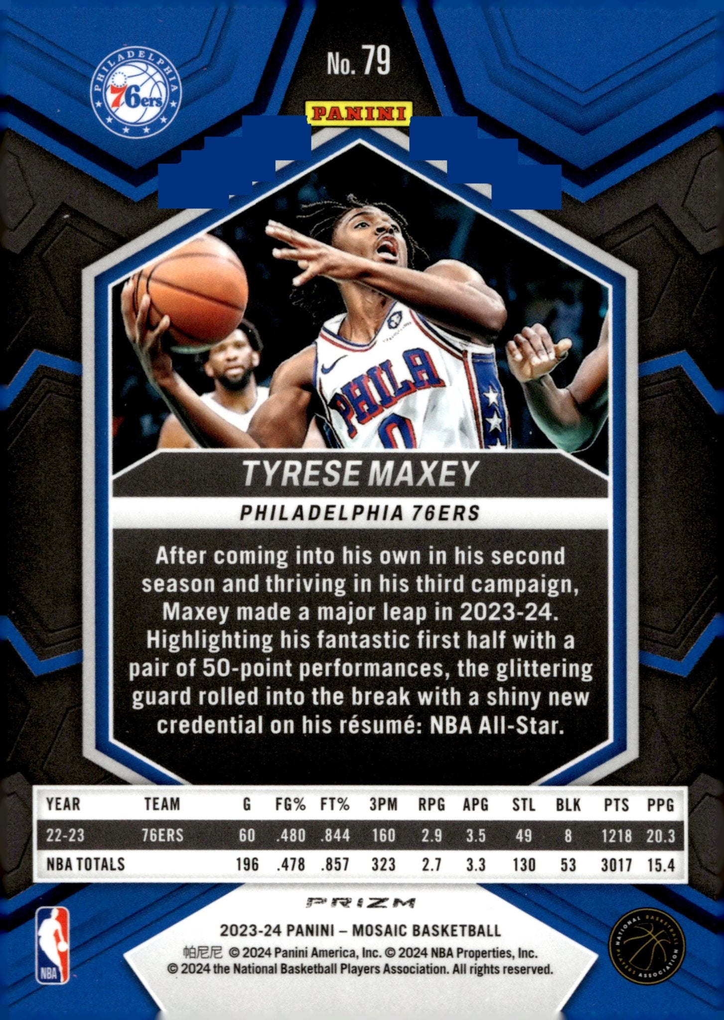 Tyrese Maxey 2023 - 24 Panini Mosaic Blue Prizm #79 - Collector Store LLC