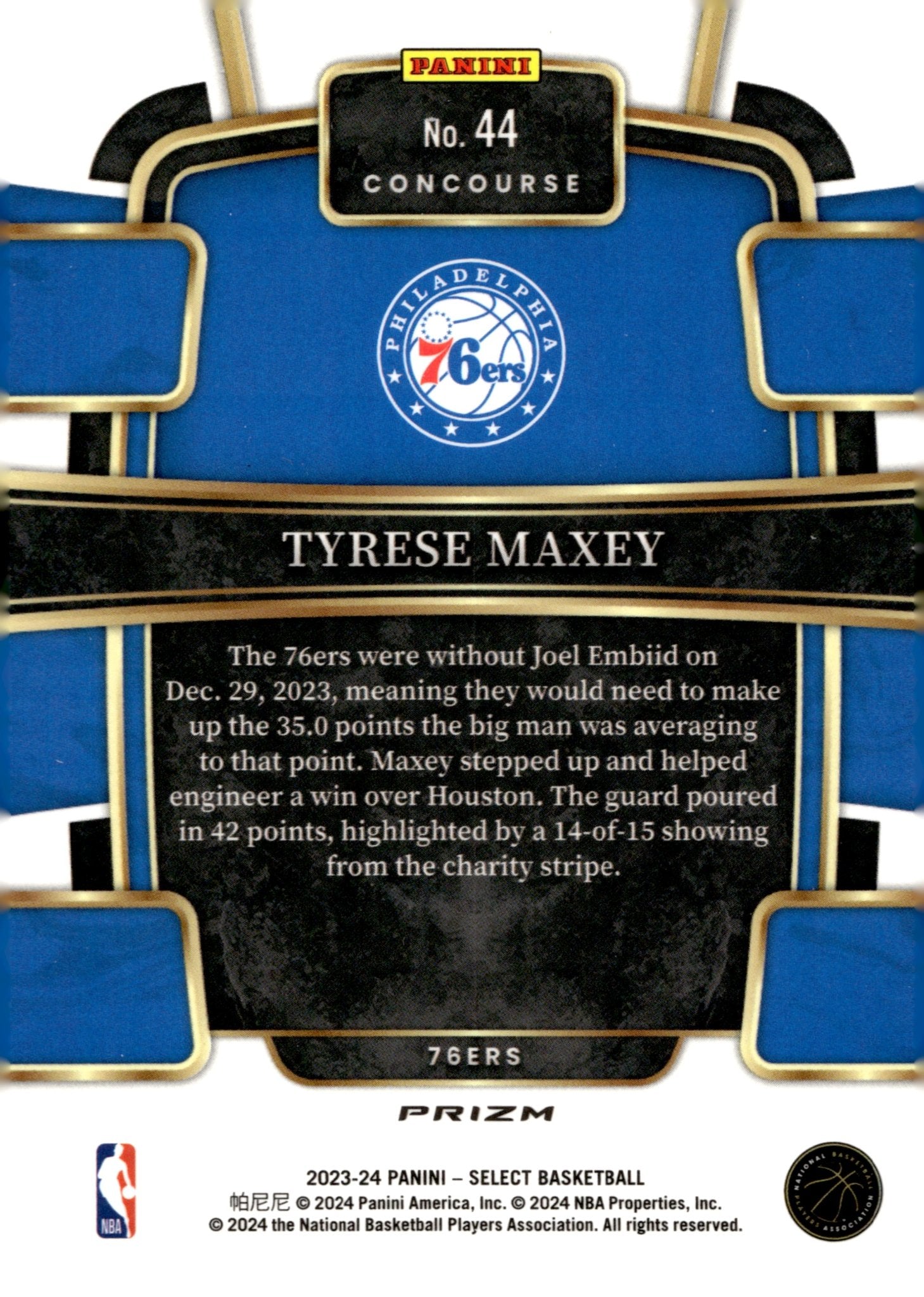 Tyrese Maxey 2023 - 24 Panini Select Prizm #44 - Collector Store LLC